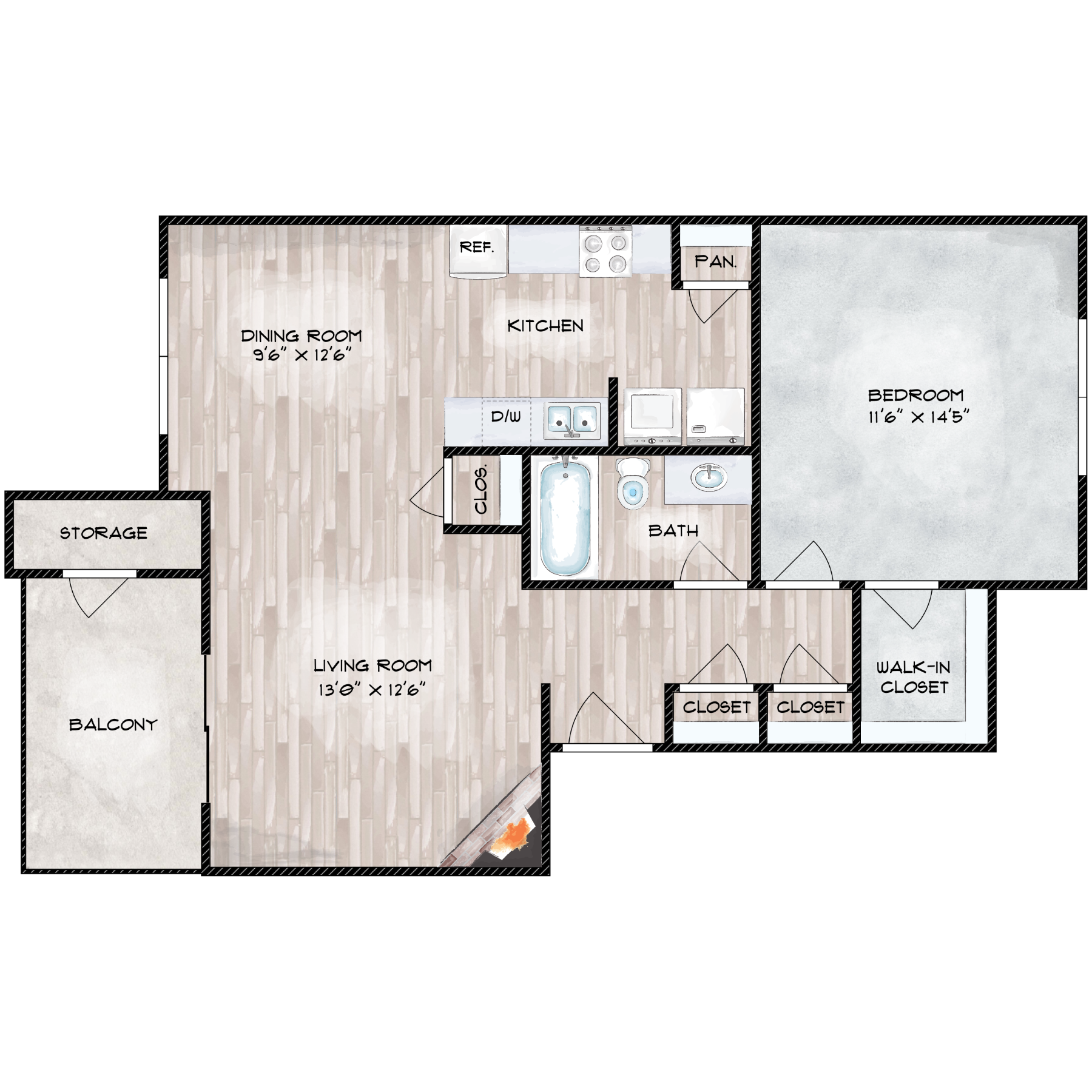 Floor plan for 1 bed, 1 bath, 800 sqft